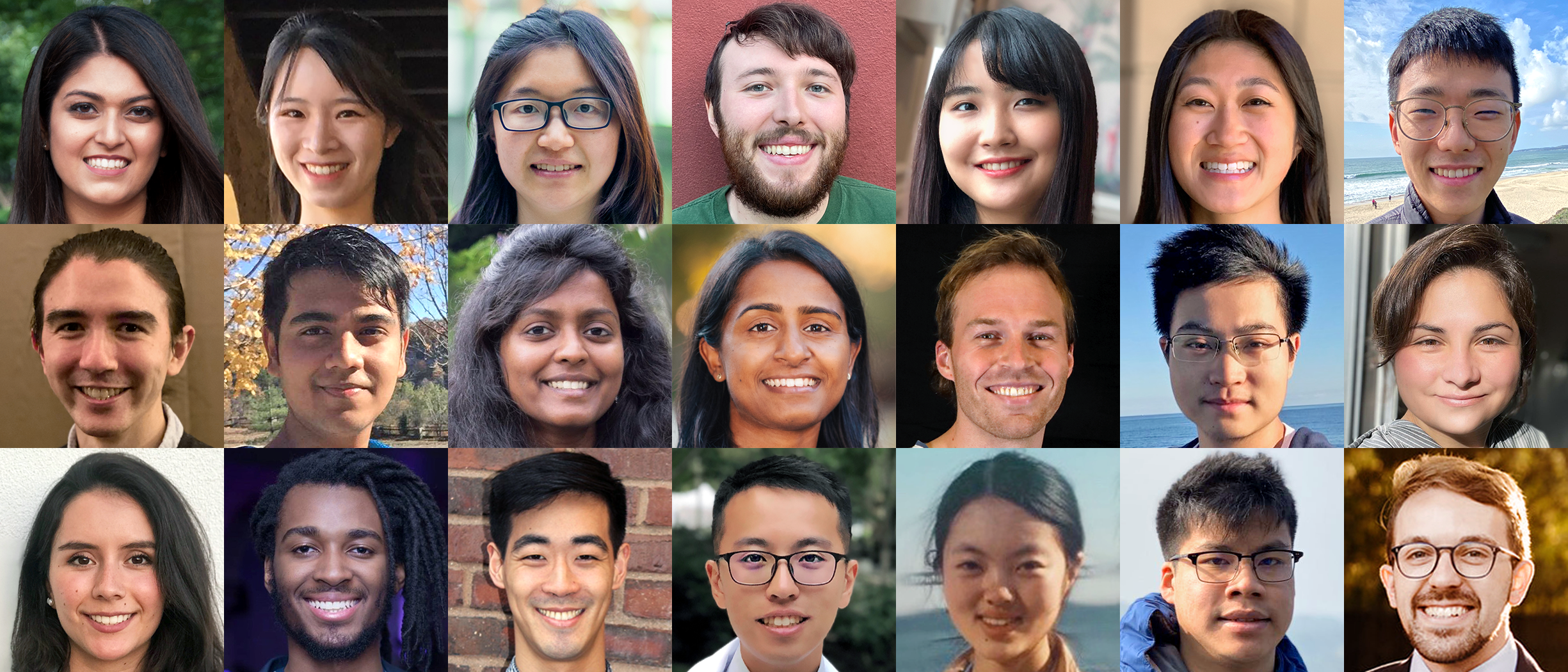 Collage of 21 diverse graduate students' headshot photos.