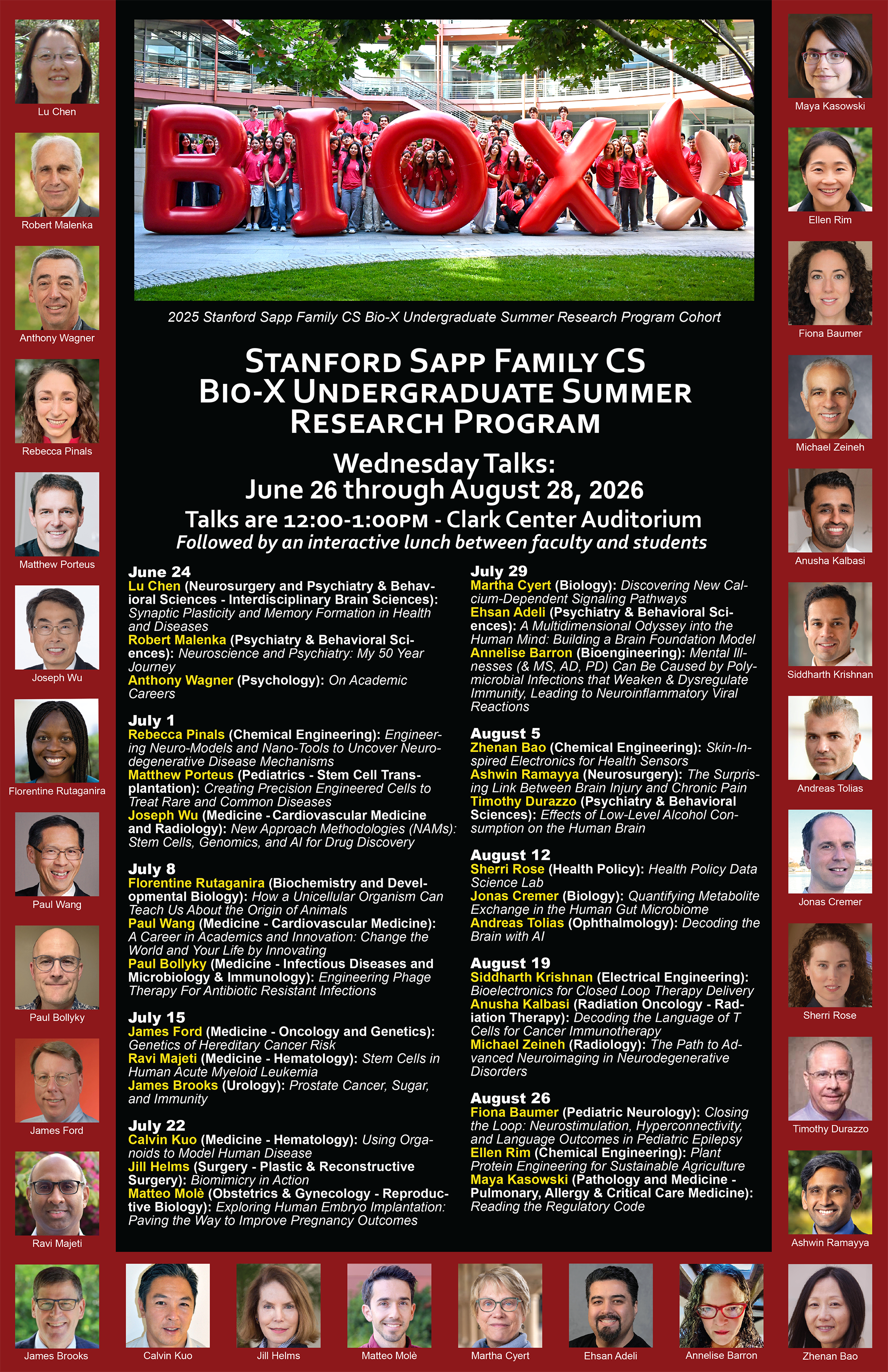 Bio-X Undergraduate Summer Research Program Poster with the talk titles below, and showing photos of faculty speakers