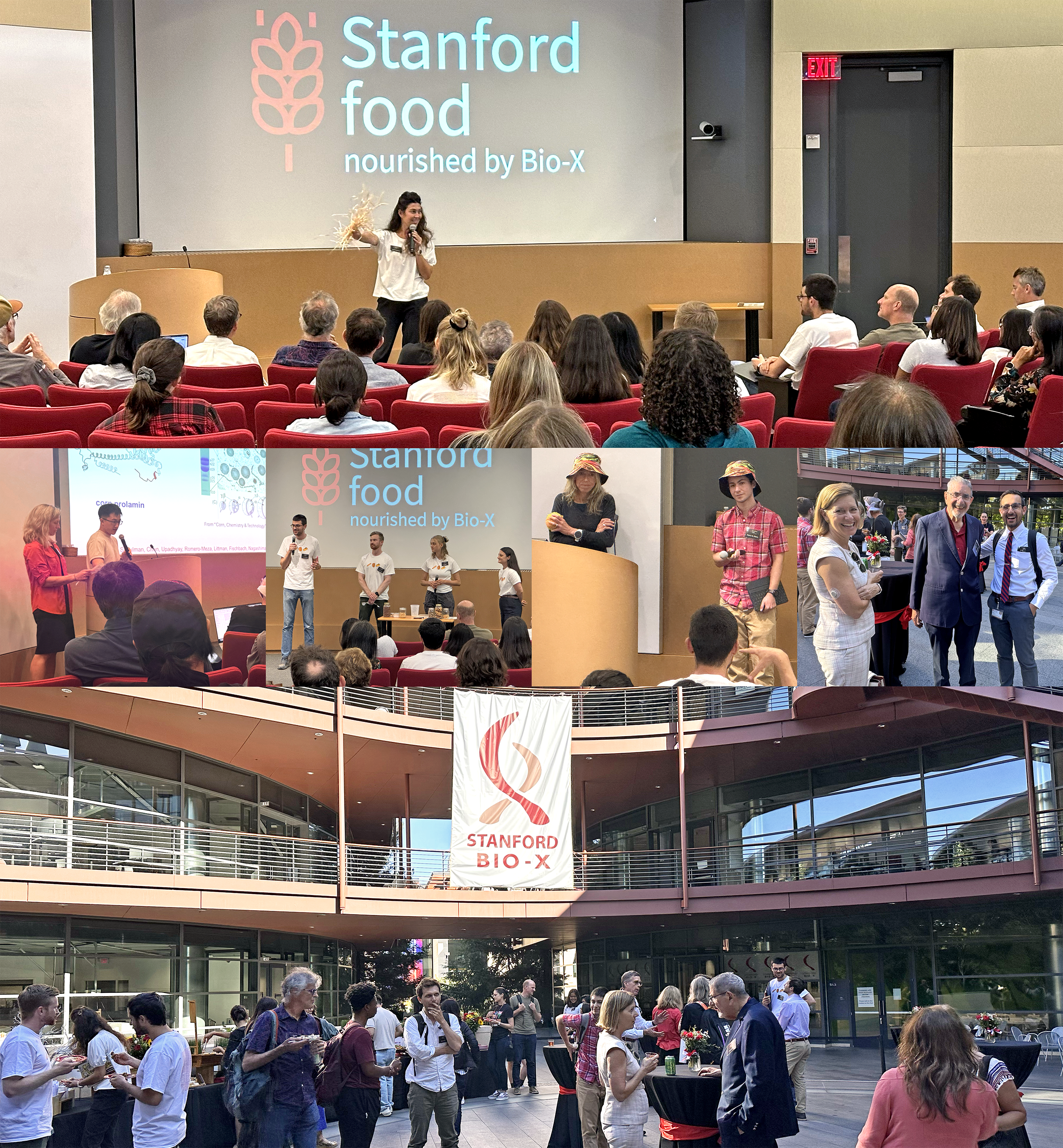 Collage of photos of presenters in an indoor auditorium full of audience members, and guests enjoying an outdoor reception.