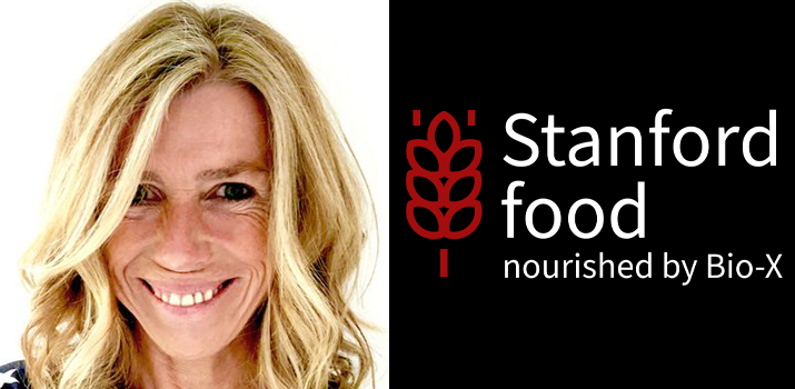 Headshot photo of Ellen Kuhl and logo of Stanford Food nourished by Bio-X, with wheat sheaf icon