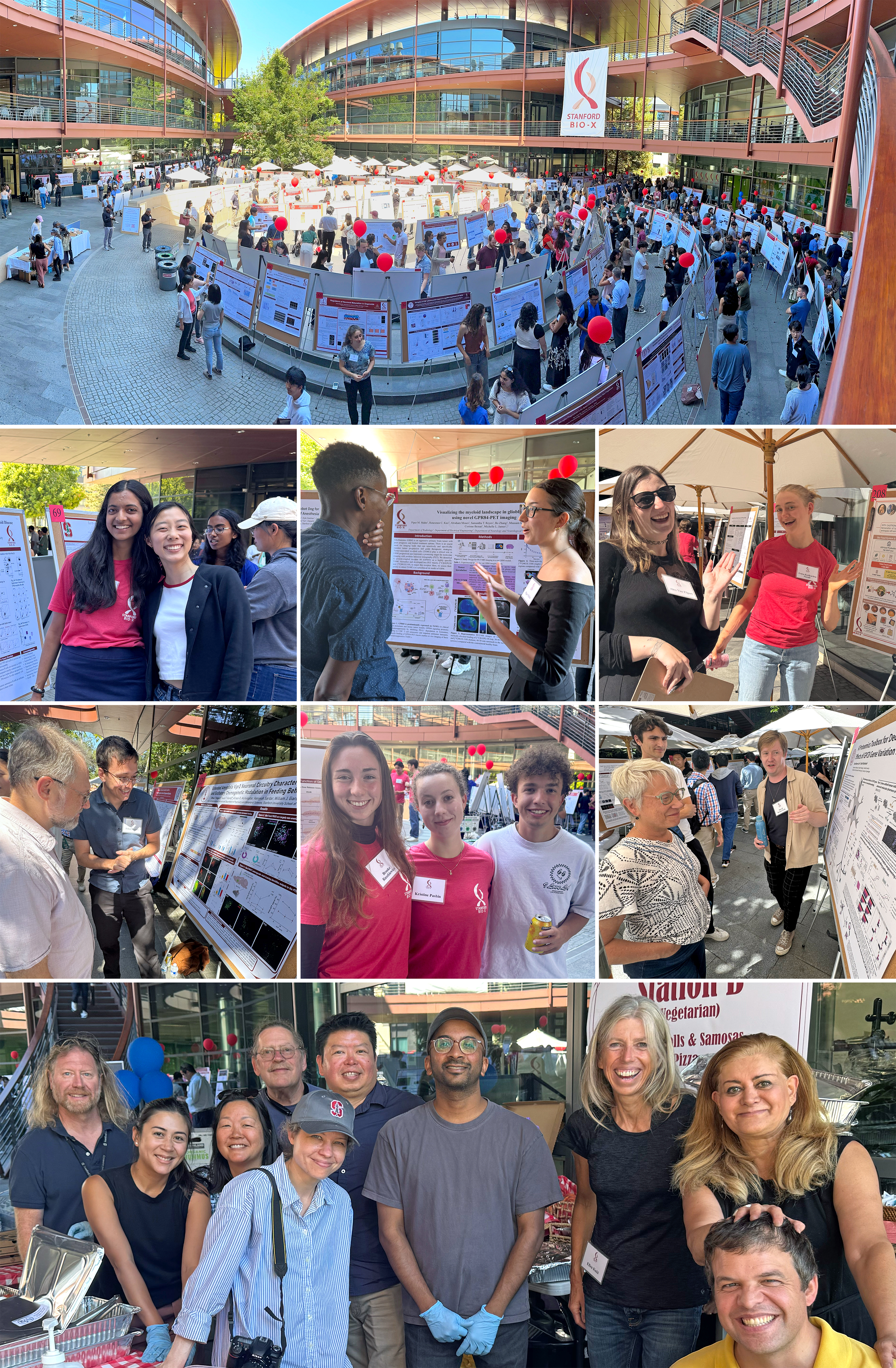 Collage of researchers enjoying an outdoor poster session with numerous poster boards.