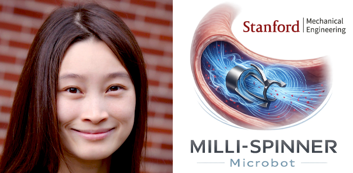 Headshot photo of Renee Zhao and logo of Milli-Spinner microrobot showing a device inside a vein, with Stanford Mechanical Engineering logo