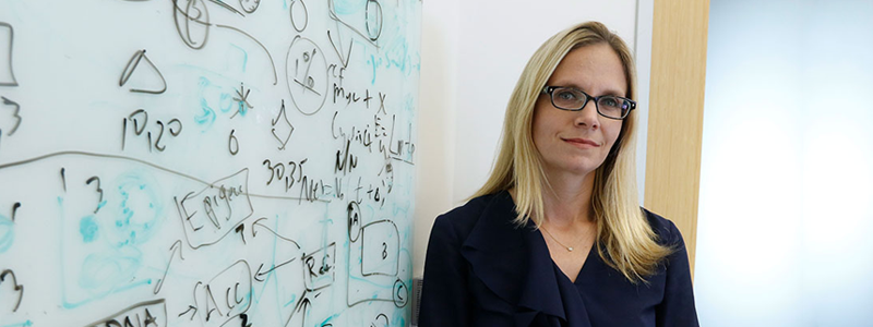 Photo of faculty member Christina Curtis standing in front of a whiteboard covered in notes.