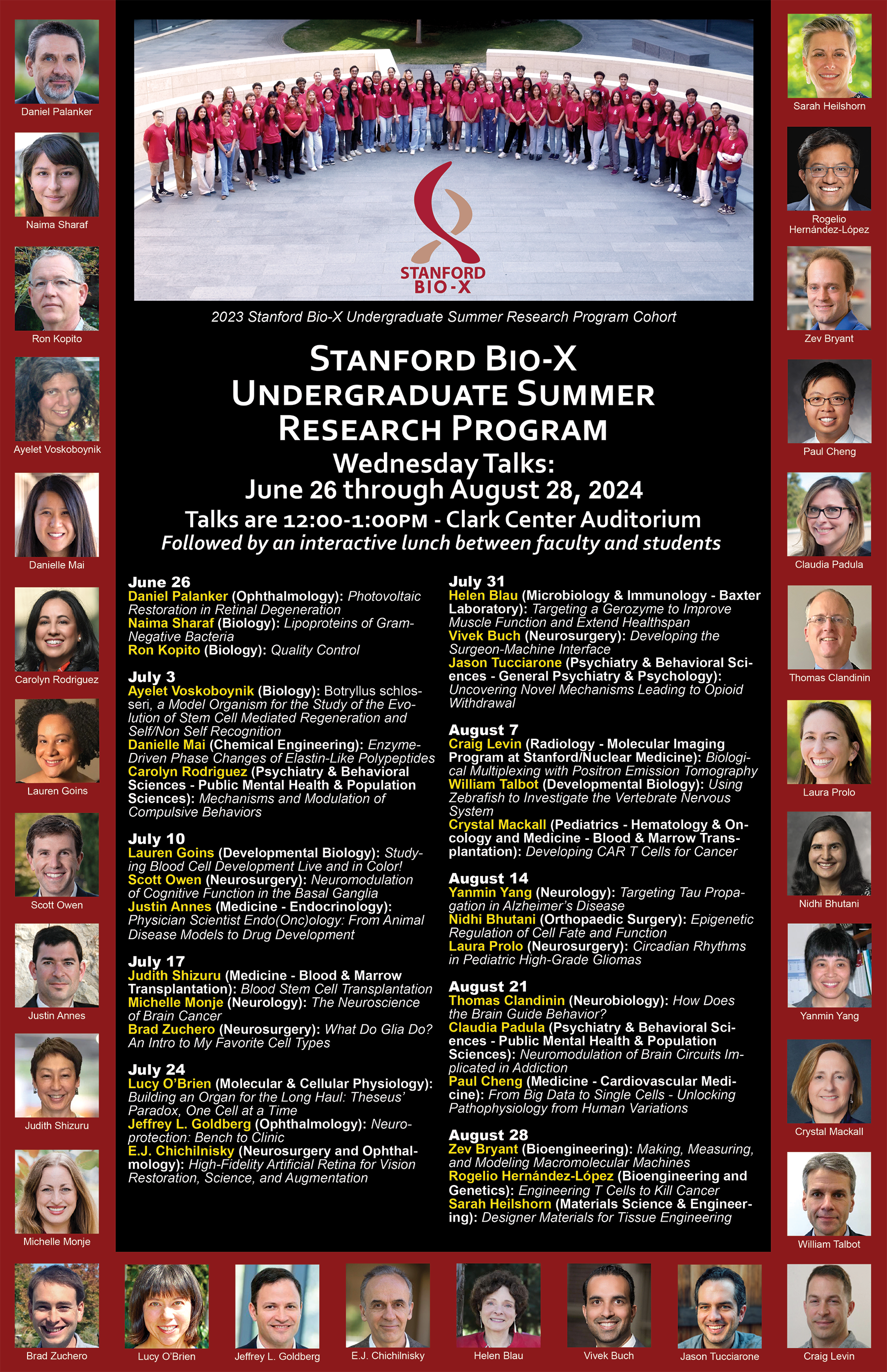 Bio-X Undergraduate Summer Research Program Poster with the talk titles below, and showing photos of faculty speakers