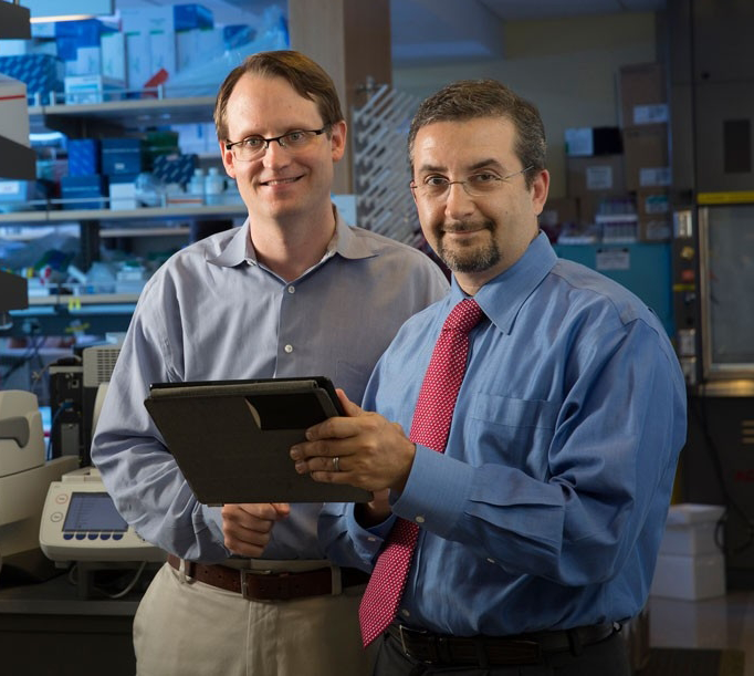Photo of Drs. Max Diehn and Ash Alizadeh, two relatively young male professors, in laboratory space.