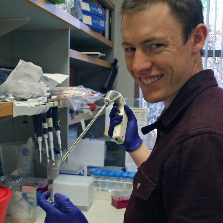 Photo of graduate student Caleb Glassman in the lab, using a pipette.