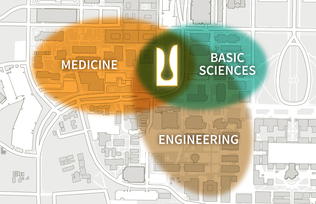 Simple gray and white overhead map of Stanford campus showing location of Clark Center in the center of three intersecting ovals, an orange oval to the left labeled Medicine encircling the School of Medicine, a green oval to the right labeled Basic Sciences encircling the chemistry and biology buildings, and a yellow oval towards the bottom labeled Engineering encircling the School of Engineering.