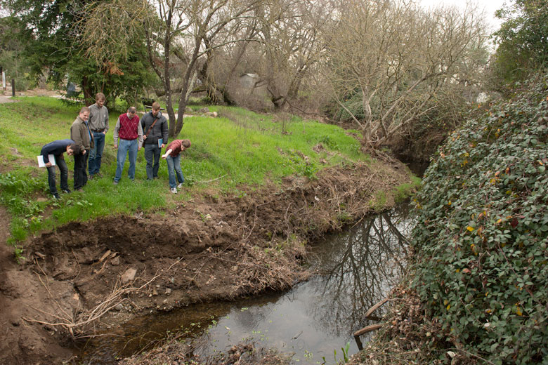 Photo of Dr. Luthy and team by a creek.