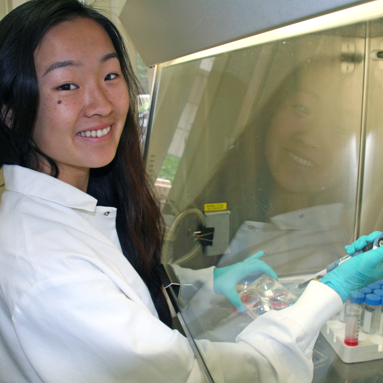 Photo of USRP student Elisa Liu in the lab, working in a fume hood.