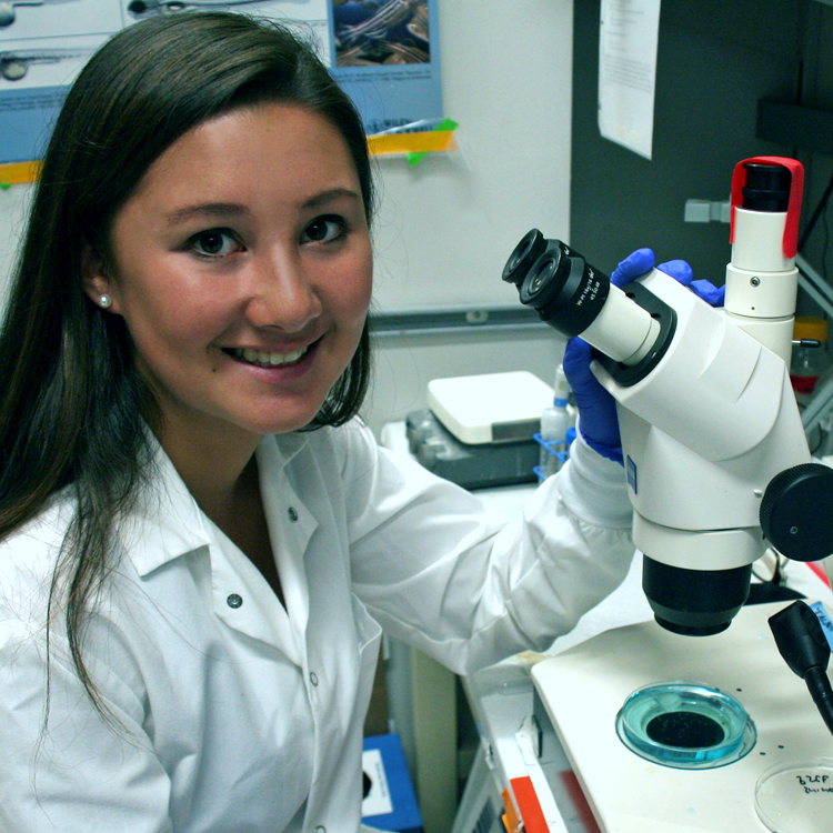 Photo of USRP student Hannah Llorin in the lab, examining samples under a microscope.