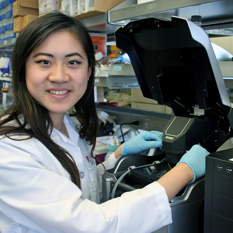 Photo of USRP student Helen Liu in the lab, putting samples into a machine.