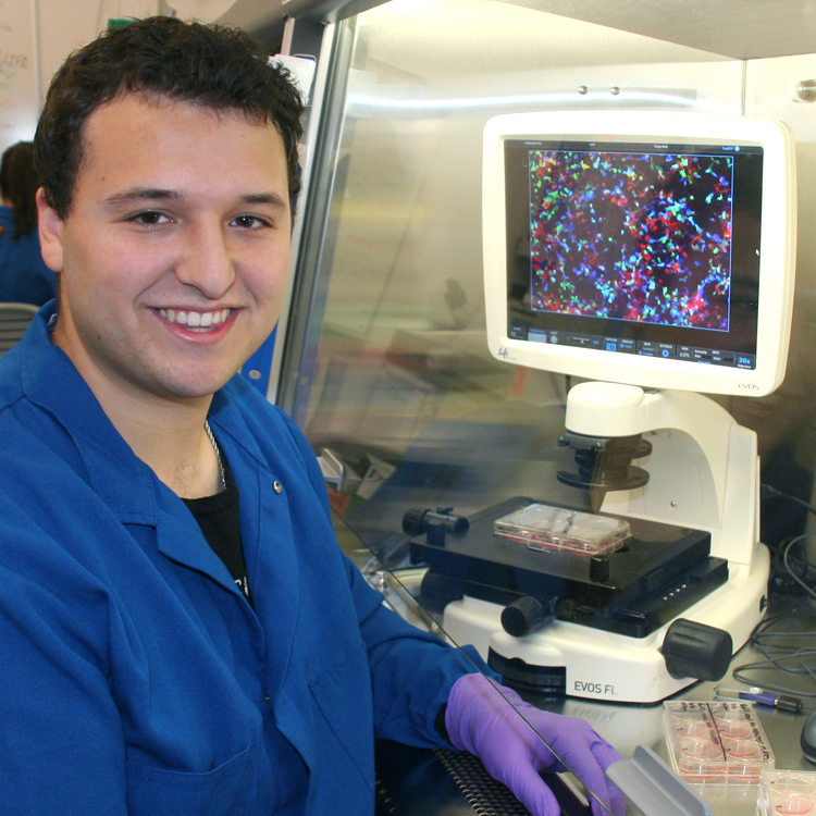 Photo of USRP student Aris Kare in the lab, displaying cells on a screen in bright colors while working in a fume hood.