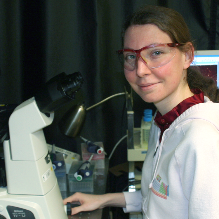 Photo of USRP student Isabel Goronzy in the lab, working at a microscope while wearing safety glasses.