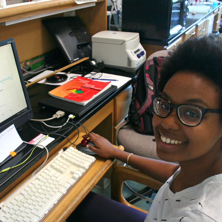 Photo of USRP student Luladay Price in her lab, working at a laptop computer.