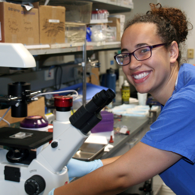 Photo of graduate student Lyndsay Stapleton in the lab, using a microscope.