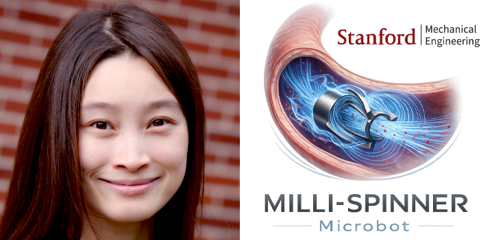 Headshot photo of Renee Zhao and logo of Milli-Spinner microrobot showing a device inside a vein, with Stanford Mechanical Engineering logo