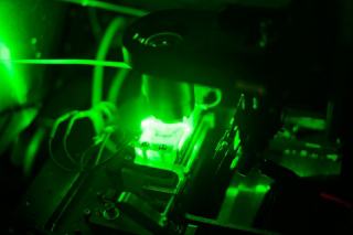 A slide carrying an array of RNA molecules designed by Eterna players is placed under a special laser microscope.