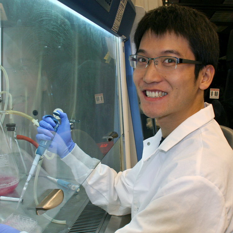 Photo of graduate student Shuo Han in the lab, using a pipette in the fume hood.