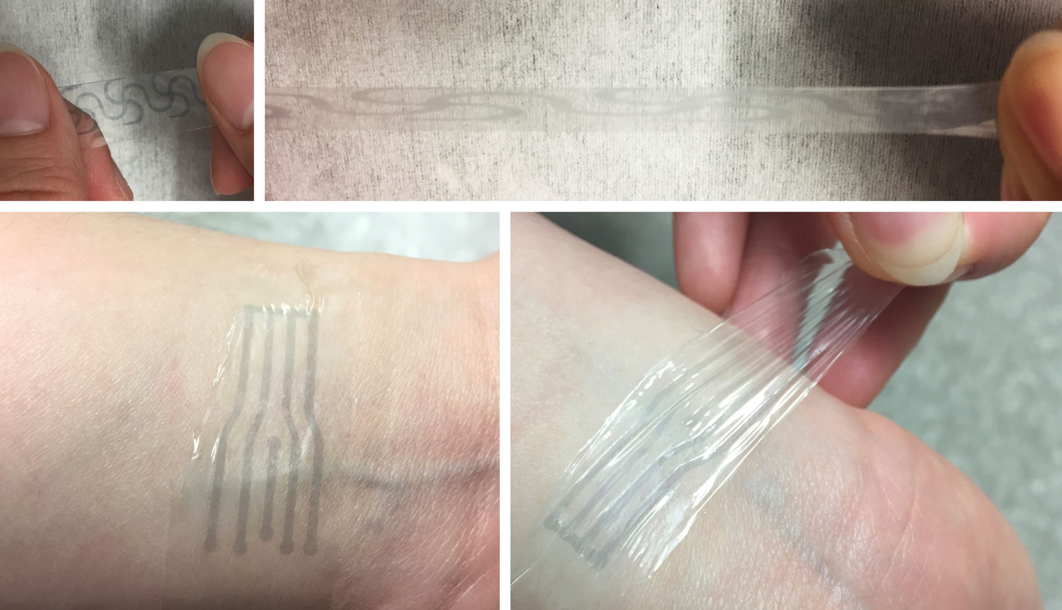 Photo collage showing researchers stretchign out translucent eletrodes and applying them to skin.