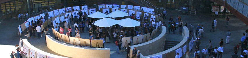 Image of a symposium poster session in the Clark Center Courtyard.