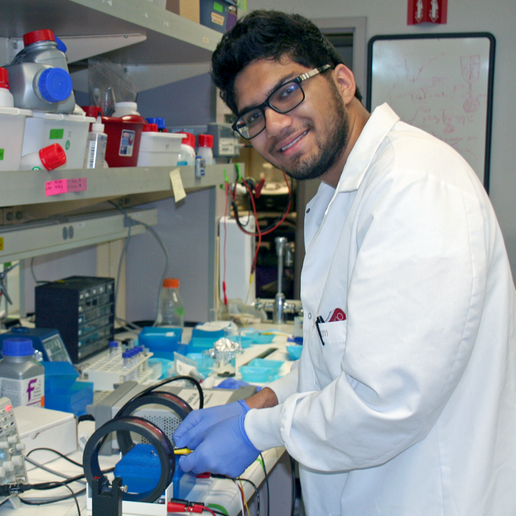 Photo of USRP student Vivek Lam in the laboratory, working with a benchtop device of two separated rings.