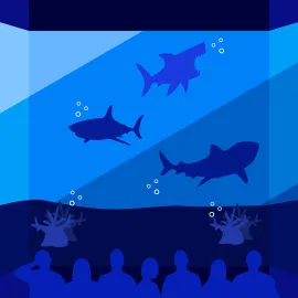 Illustration of a large tank with silhouettes of sharks in it, with silhouettes of people looking in.