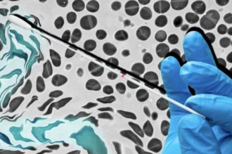 Composite graphic image showing a gloved hand swabbing a turquoise and white fluid over a background of black-and-white bacterial cells