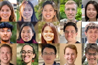 Collage of headshot photos of 21 diverse graduate students