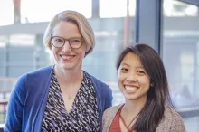 Photo of Dr. Alison Marsden and graduate student Melody Dong standing together at the Clark Center and smiling.