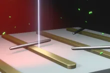 3D graphic image depicting a white surface with evenly spaced gold bars fixed on top of it, with freely moving smaller silver bars. A beam of light shines down in the center, with green particles floating around the area.