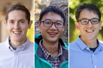 Headshot photos of Grant Rotskoff, Yuejun Shen, and Aaron Lindenberg.