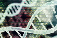 Graphic image of DNA strands with overlay of genome sequence letters.