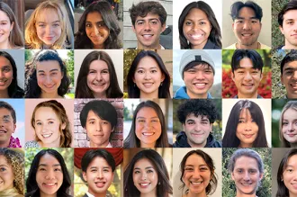 Collage of headshot photos of 76 undergraduate students.