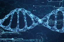 Graphic image of a blue glowing DNA double-helix on a darker blue background with circuitboard elements lit up in blue.