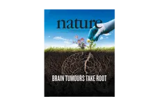 graphic of Nature magazine cover showing a gardener pulling a dandelion attached to a brain-shaped set of roots beneath the soil.