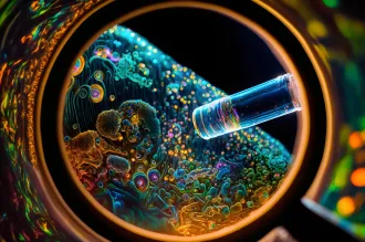 3D scientific illustration depicting microbiome microbes under a microscope, with lots of glowing bright colors.