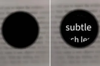 Image on left shows a dark spot over a blurry page. Image on right shows readable letters in the same dark spot.