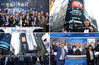 Collage of 4 photos of a team of people celebrating at the Nasdaq Exchange.