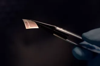 Image of a gloved hand holding a tiny and extremely thin chip up with tweezers.