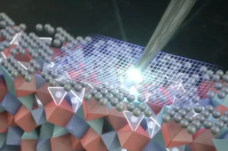Graphic illustration of molecules with a glowing net being pressed down on top.