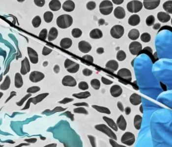 Composite graphic image showing a gloved hand swabbing a turquoise and white fluid over a background of black-and-white bacterial cells