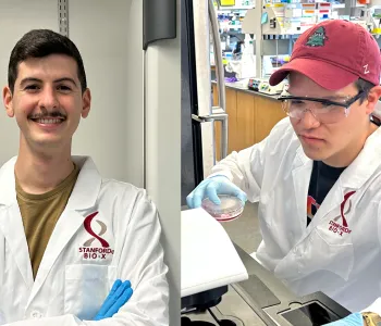 Composite of two photos, each of a graduate student in a wet laboratory, working with equipment.