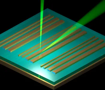 Graphic image of a square object that looks like a circuit board with two beams of light extending away from the same point, one going up and one going diagonally.
