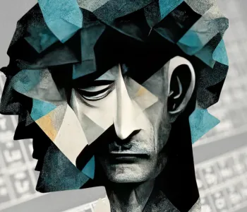 Graphic image of an illustration of a solemn-looking male face that has been distorted with different blocks of colors, with a periodic table in the background.
