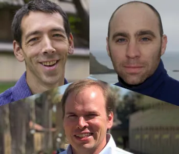 Collage of headshot photos of Euan Ashley, Jeremy Goldbogen, and Matthew Wheeler.