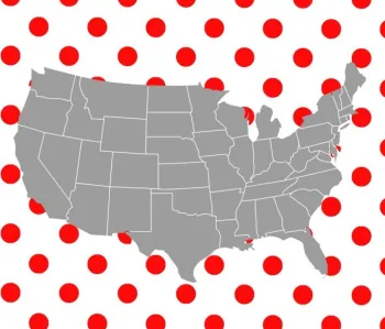 Graphic image of the continental United States superimposed on a background of red spots on white.