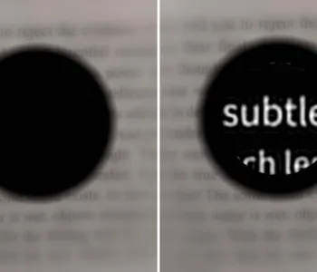 Image on left shows a dark spot over a blurry page. Image on right shows readable letters in the same dark spot.