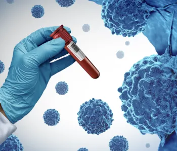 Graphic image of a gloved hand holding a red vial in front of a background of illustrated cells.