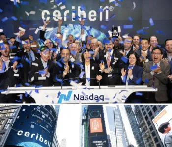 Collage of 4 photos of a team of people celebrating at the Nasdaq Exchange.