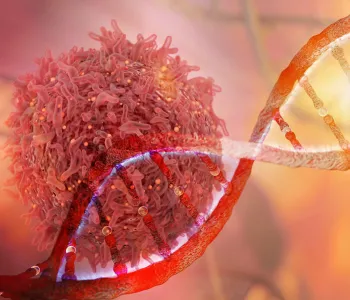 Graphic illustration of a cancer cell and a DNA helix in red and yellow shades.